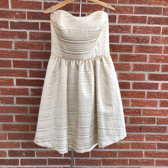 Kate McDonald Strapless Gold Cream Stripe Cocktail Dress Size 10 - Picture 1 of 14